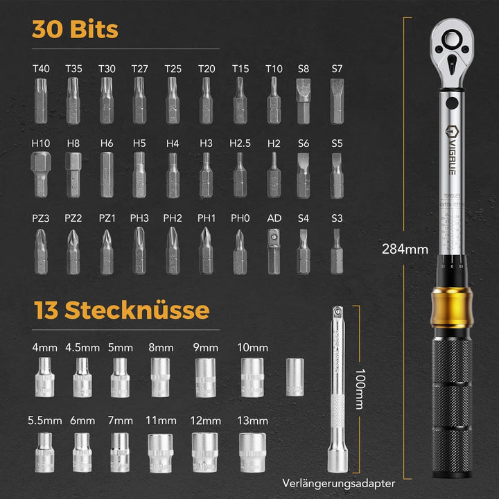 VIGRUE Drehmomentschlüssel 1/4", Drehmomentschlüssel Fahrrad Set 5–25 Nm ±4% Genauigkeit mit Verläng