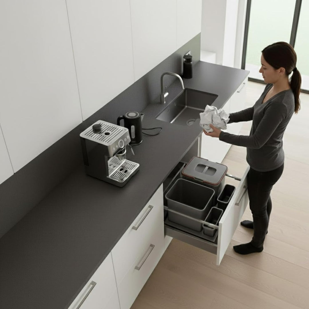 Mülltrennsystem Küche für 60 cm Schrank 2-fach 52,5x49x30 cm (2x 15L) mit Deckel Einbau Abfallsammle