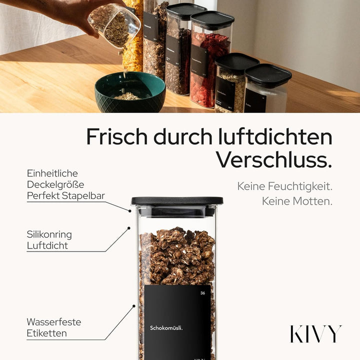 KIVY Vorratsgläser eckig [4x400ml] + Etiketten - Stapelbare & Luftdichte Aufbewahrungsgläser mit Dec