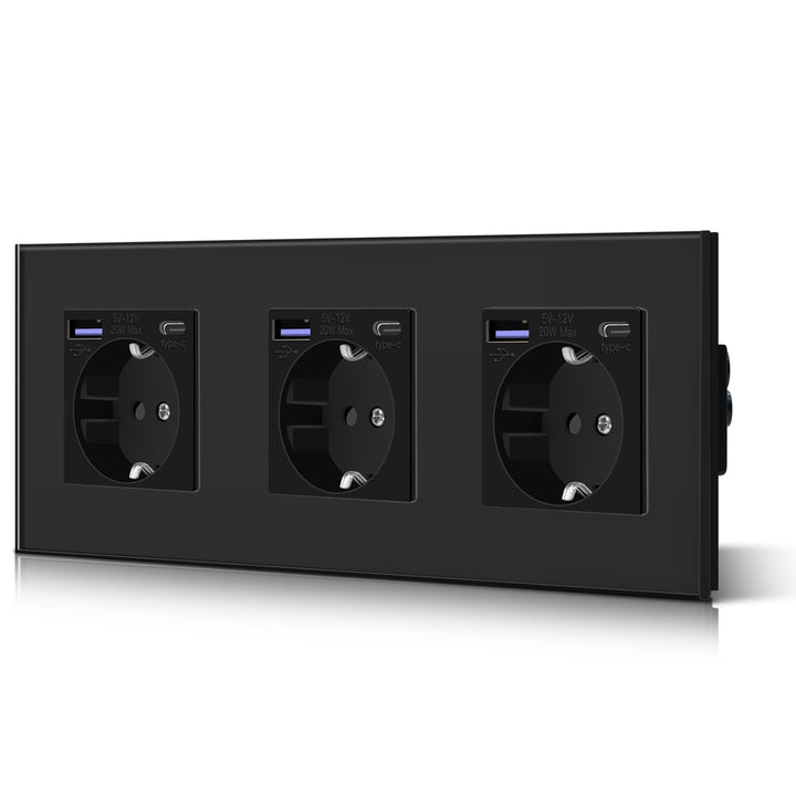 BSEED Schuko Wand Verdreifach Steckdose mit 20W USB & Typ C Schnellladegerät Glas 3 in 1 Unterputz W