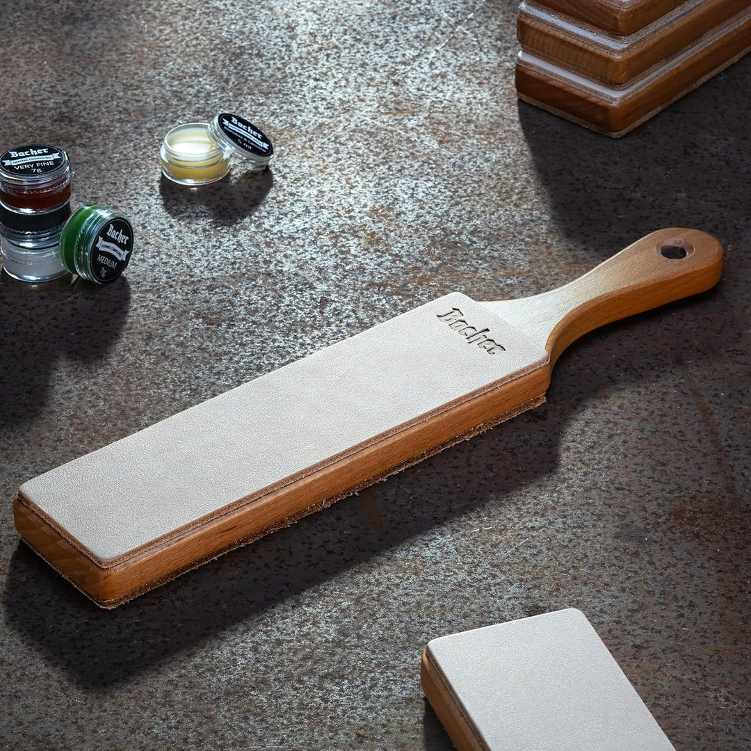 BACHER Premium Leder Streichriemen Abziehleder für Messer set mit 4 x 7g Polierpaste. Paddelgriff au