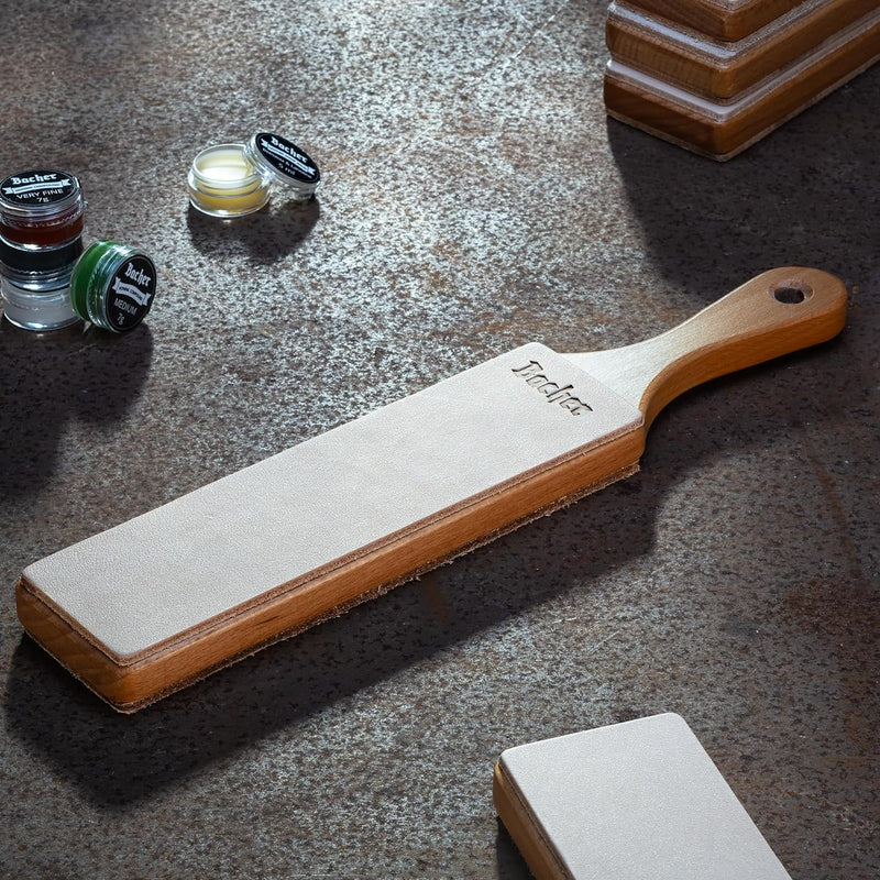 BACHER Premium Leder Streichriemen Abziehleder für Messer set mit 4 x 7g Polierpaste. Paddelgriff au