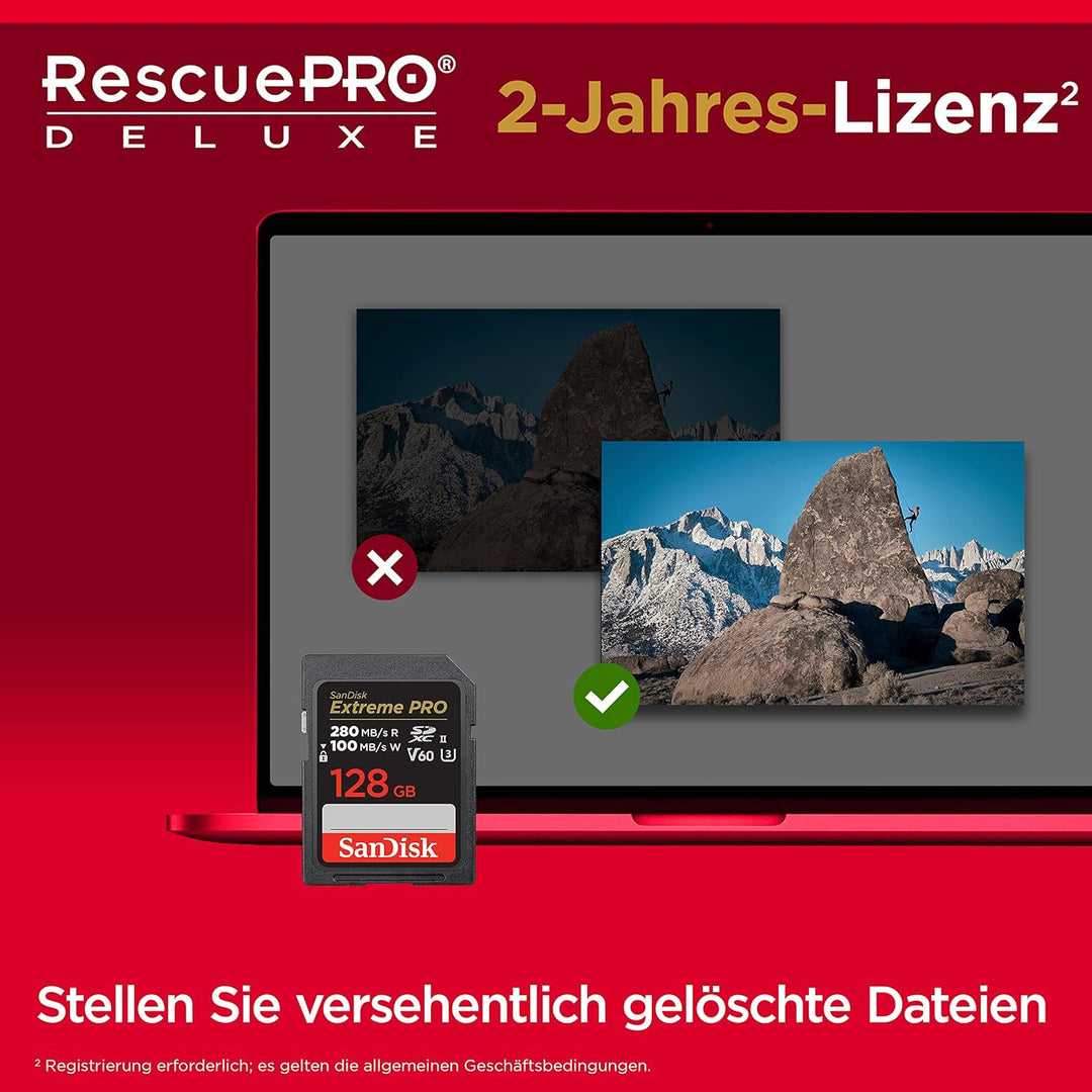SanDisk Extreme PRO SDXC UHS-II Speicherkarte V60 128 GB (280 MB/s, 6K, 4K UHD, U3, C10, Rescue PRO