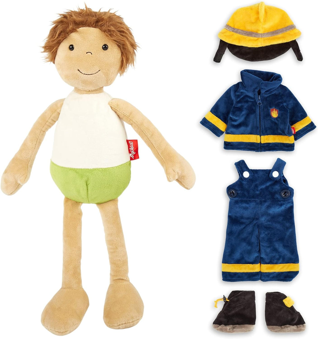 SIGIKID 42859 Lernpuppe Feuerwehrmann, Plüsch Anziehpuppe, Kleidung an-&ausziehen: Knöpfe, Klett, Re