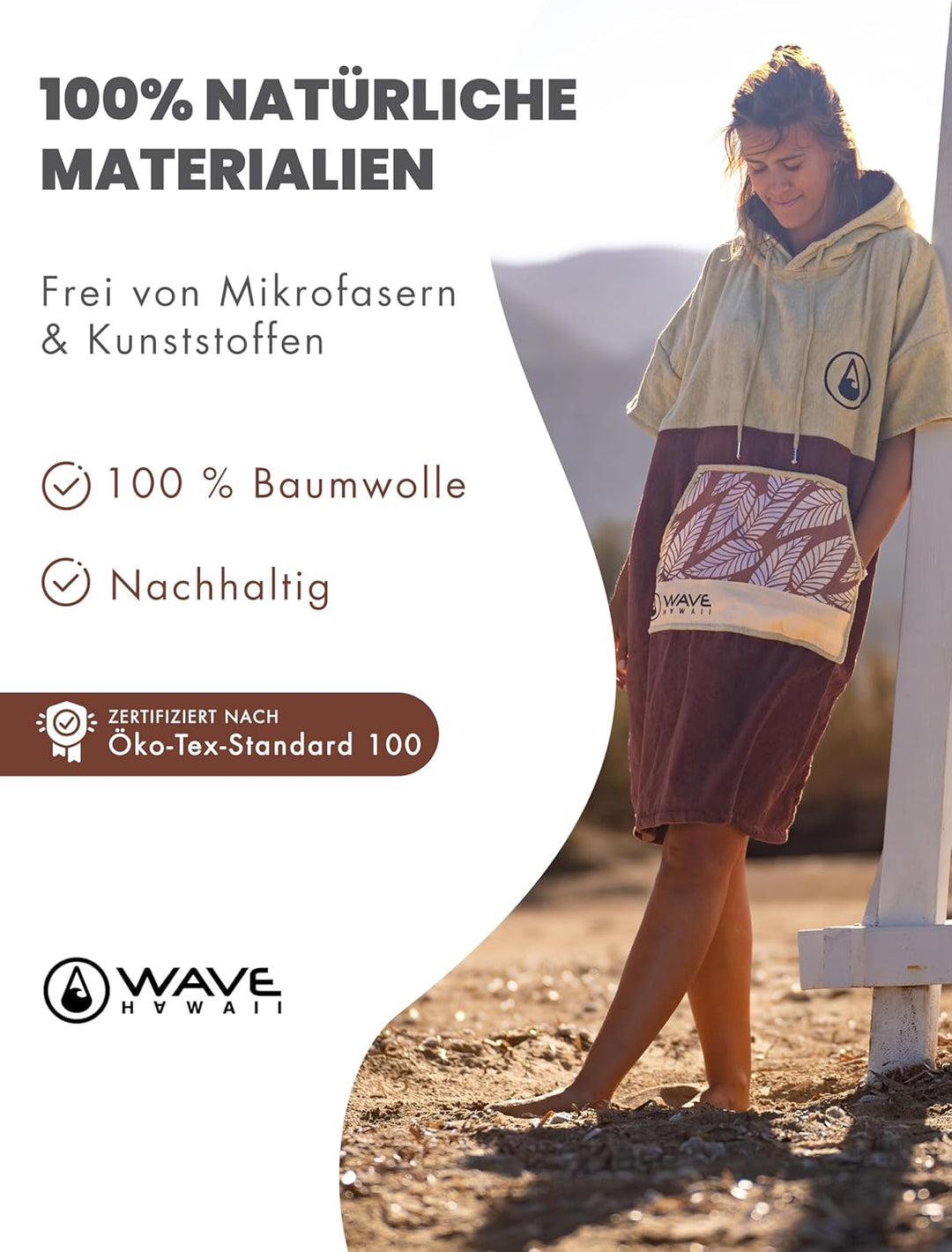 WAVE HAWAII Leevs Surfponcho für Körpergrössen von 170-200 cm Poncho 100% ÖKO Baumwolle Velours Umkl