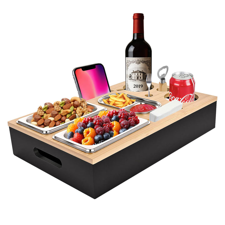 Couchbar Snackbox,Organizer Sofa Tablett,mit 3 Snackschalen,Getränkehalter Flaschenhalter, Abnehmbar