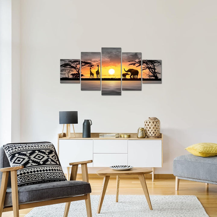 Runa Art Wandbilder Afrika Sonnenuntergang 5 Teilig Bild auf Vlies Leinwand Deko Wohnzimmer Schlafzi