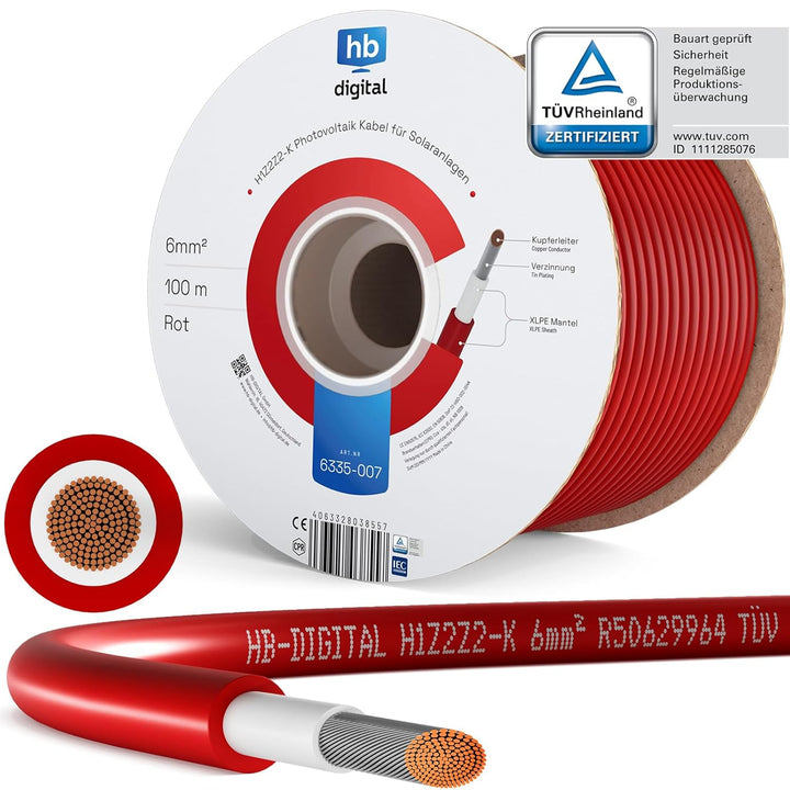 hb-digital 100m Solarkabel H1Z2Z2-K TÜV Rheinland geprüft 6mm2 UV-beständig flexibel PV Kabel Reines