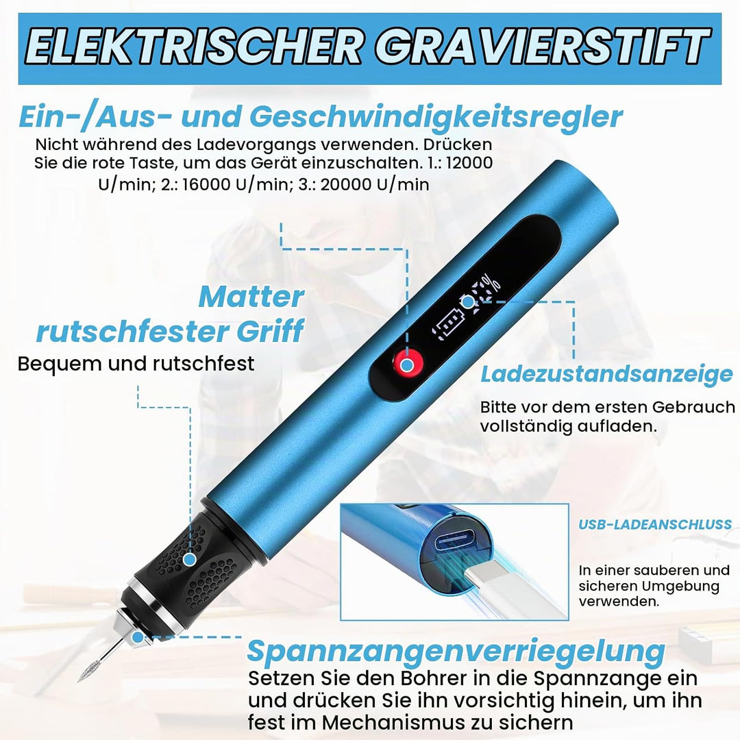 Flintronic Gravierstift, Kabelloser Elektrischer Gravierstift mit 30 Bits, Mini Gravierwerkzeug 3-Ga