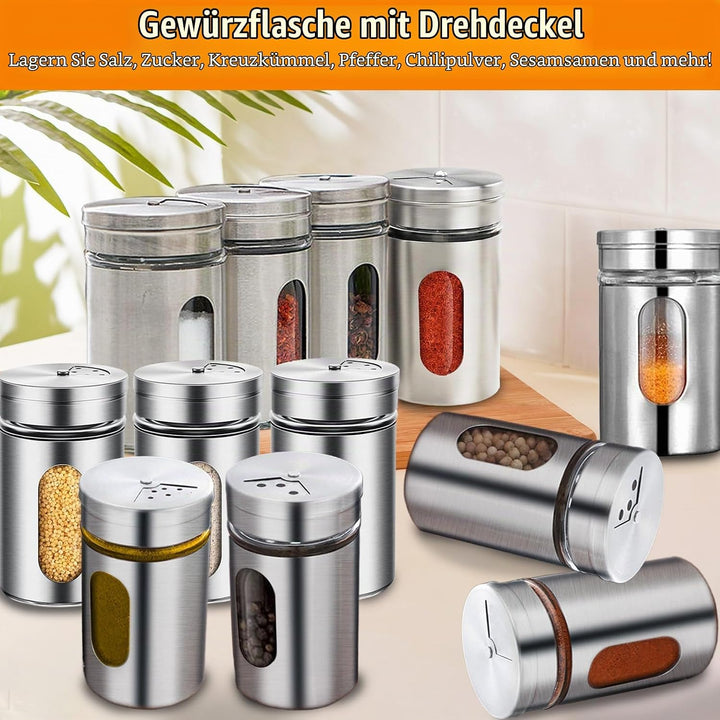 12Pcs Edelstahl Gewürzstreuer mit Deckel &amp; Sichtfenster, 100ml 3-Fach Streuregulierung Gewürzgläser