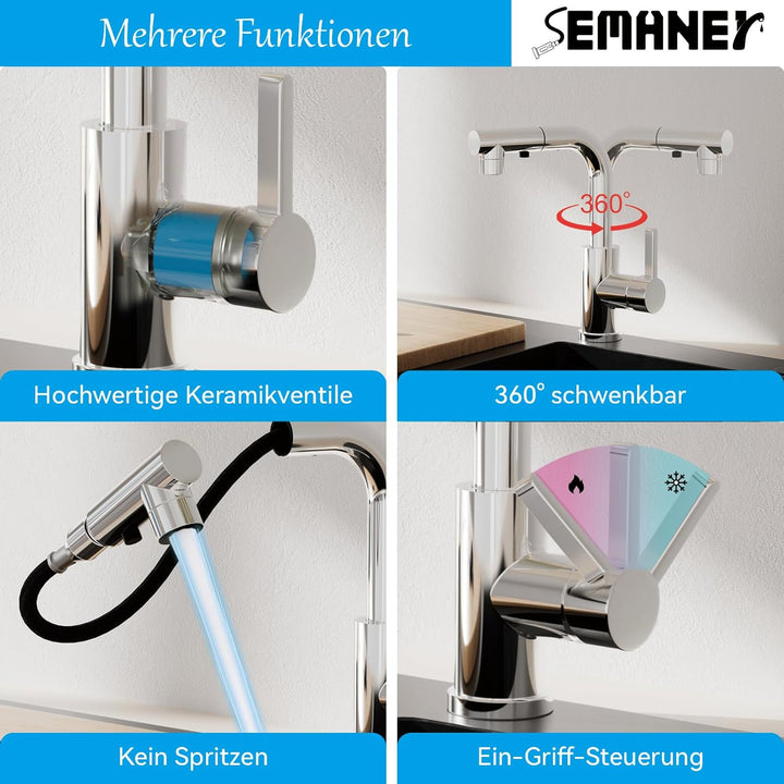 Wasserhahn Küche, SEMANEY Hochdruck Küchenarmatur Ausziehbar, Einhand Spültischarmatur Küche mit Zwe