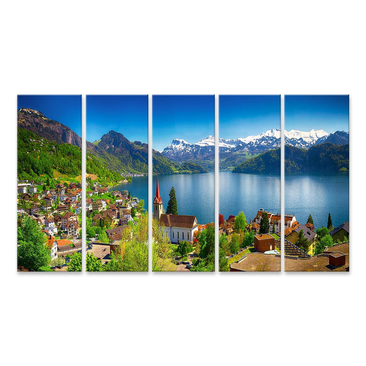 islandburner Bild auf Leinwand Dorf Weggis Vierwaldstättersee Umgeben Von Schweizer Alpen Panorama B