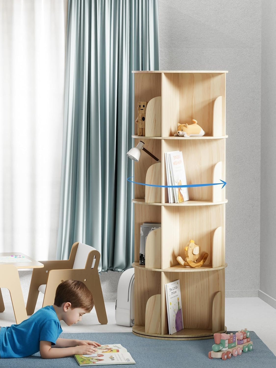 360° Drehbares Bücherregal Kinder - Buchenholz Bücherregal Drehbar Kinder mit 4 verstellbaren Ebenen