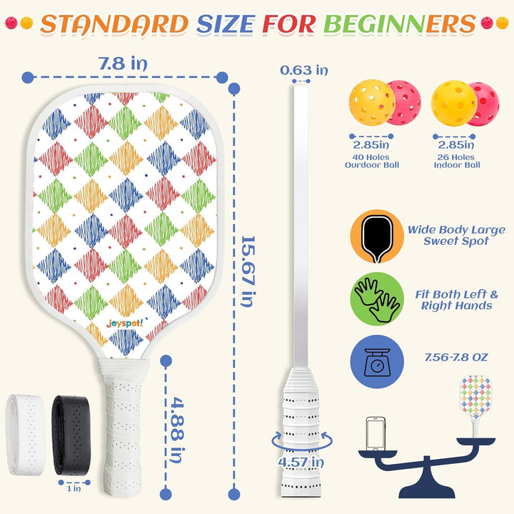 JOY SPOT! Pickleball Schläger 2 Set, Leichter Pickleball Schläger mit Fiberglas-Oberfläche, 4 Bälle