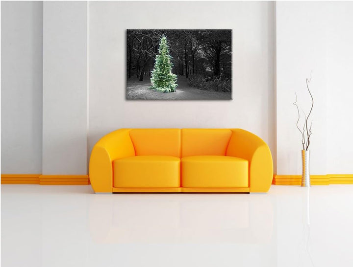 Weihnachtsbaum im Winterwald schwarz/weiss Format: 100x70 auf Leinwand, XXL riesige Bilder fertig ge