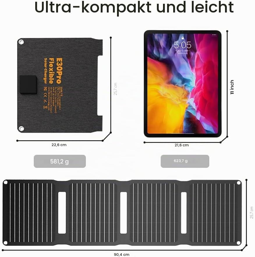 FlexSolar 30 W Solarpanel, faltbar, tragbar, Solar-Ladegerät, QC3.0, 18 W, USB-A, USB-C-Ausgang, IP6
