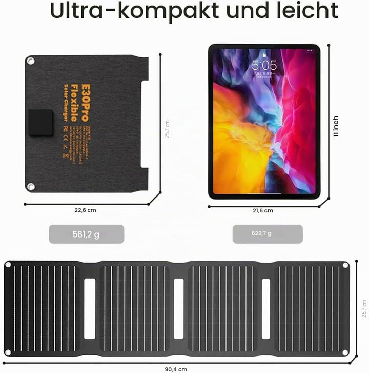 FlexSolar 30 W Solarpanel, faltbar, tragbar, Solar-Ladegerät, QC3.0, 18 W, USB-A, USB-C-Ausgang, IP6