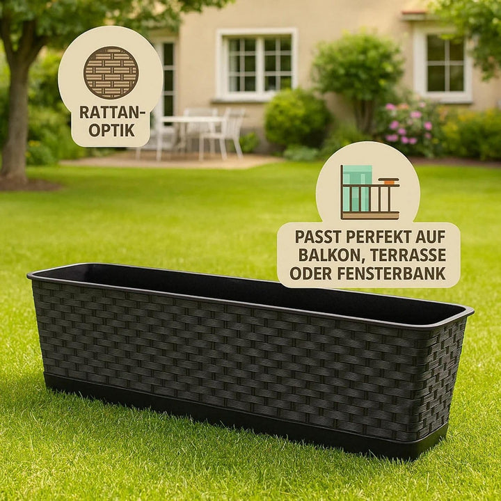 BigDean 3X Blumenkasten mit Untersetzer 80 cm lang Rattan-Optik anthrazit