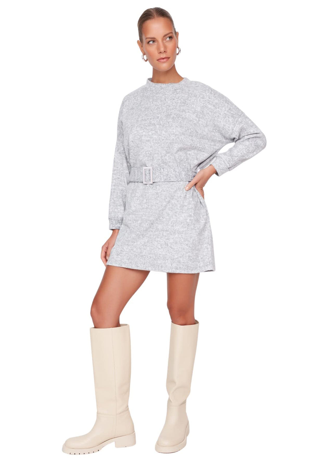TRENDYOL Damen Woman Midi Bodycon Asymmetrischer Kragen Gestrickt Kleid XS Grau, XS Grau