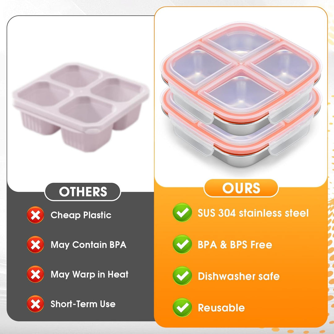Snackbox mit 4 Fächern 2 Stück Edelstahl Brotdose 600ML Leckdichte Snackdose mit Deckel Wiederverwen