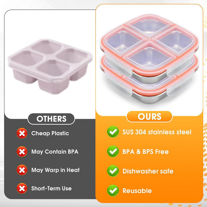 Snackbox mit 4 Fächern 2 Stück Edelstahl Brotdose 600ML Leckdichte Snackdose mit Deckel Wiederverwen