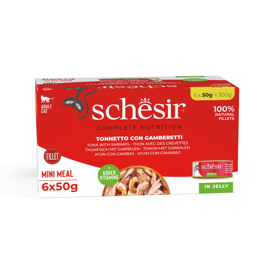 Schesir Cat Jelly Thunfisch mit Garnele, Katzenfutter nass in Gelee, 8 x 6 Dosen x 50 g Thunfisch mi