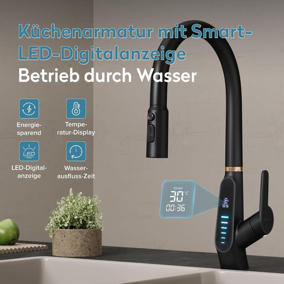 doporro Wasserhahn Küche Schwarz, Küchenarmatur mit LED Temperaturanzeige | Hochdruck ausziehbare Mi