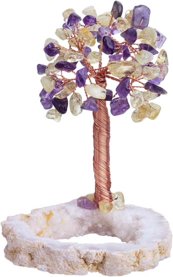 mookaitedecor Amethyst &amp; Citrin Natural Crystal Money Tree mit Druzy Geode Quarzsockel, Kupferdraht
