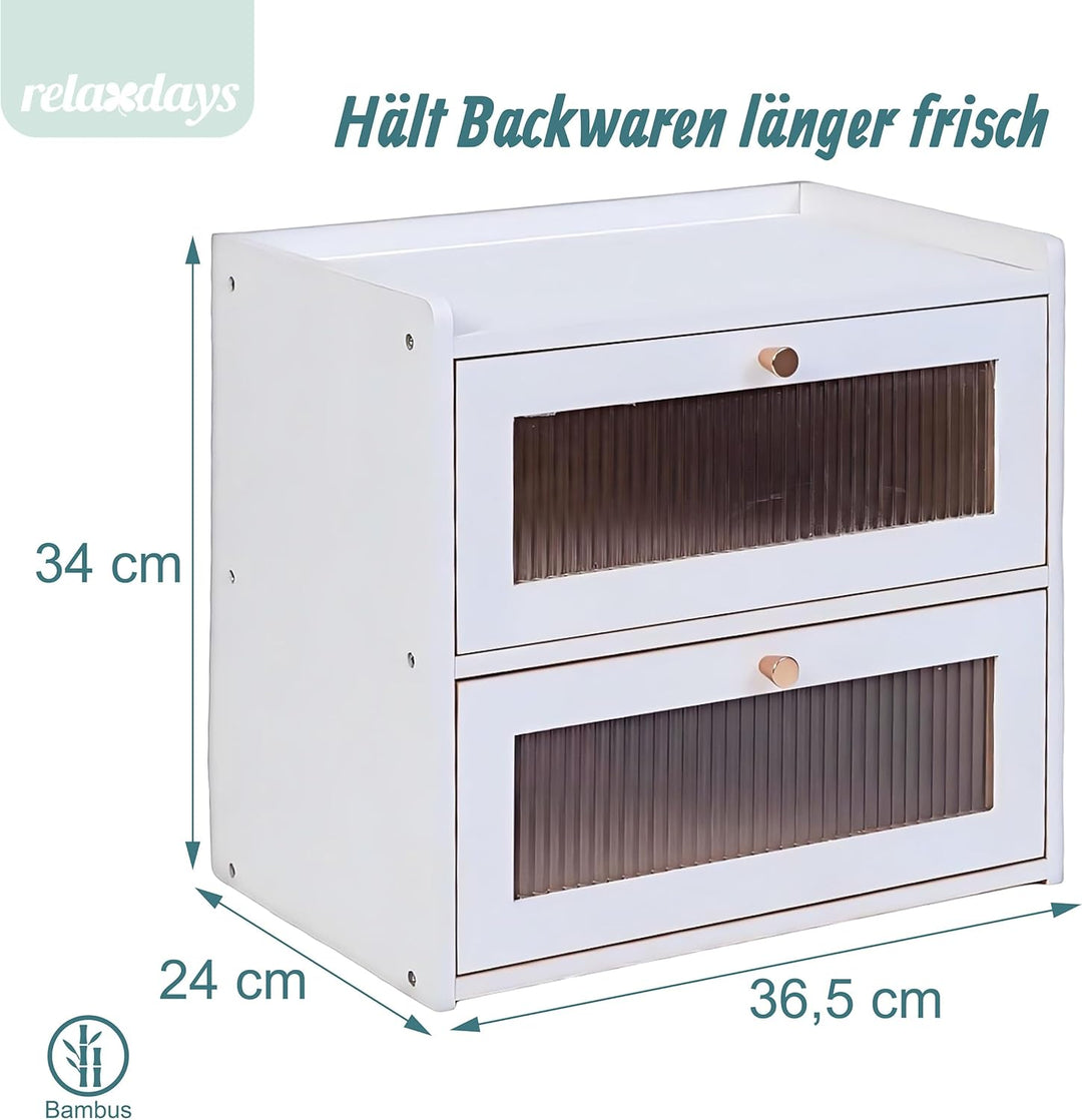 Relaxdays Brotkasten Bambus, 2 Etagen, Brotlade mit Sichtfenstern, Klapptüren, HBT: 34 x 36,5 x 24 c