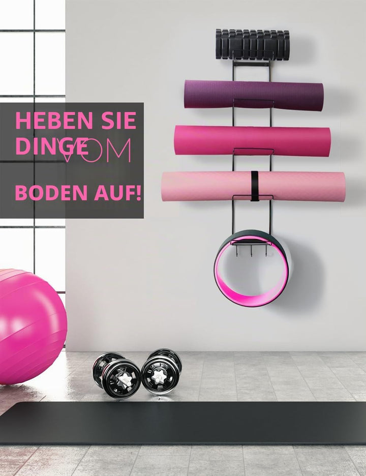 Yogamattenhalter mit 5 Ebenen, Wandhalterung, Metall-Aufbewahrungsregal für Yogamatten/Räder, Schaum