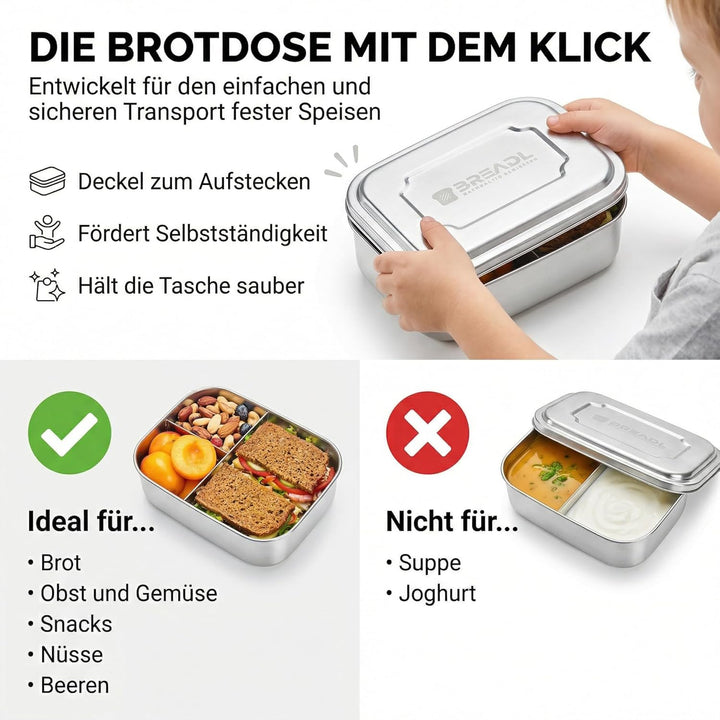 Edelstahl Brotdose, Feste Trennwand und 3 Fächer, Plastikfrei, Rostfrei, Spülmaschinengeeignet, Klei