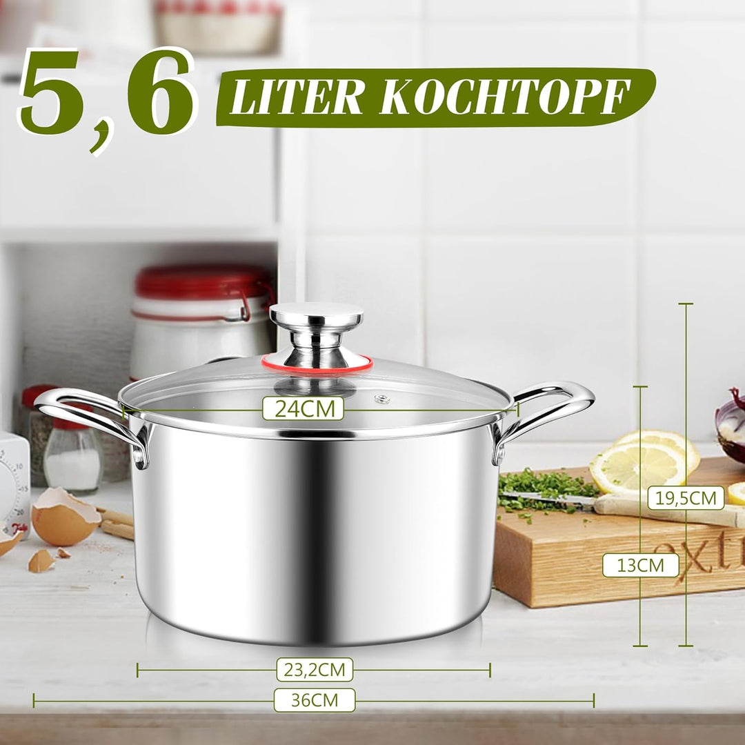 Joyfair Kochtopf, 24cm Premium 3-Lagiger Edelstahl Nudeltopf mit Glasdeckel, 5,6L Kochtopf Induktion