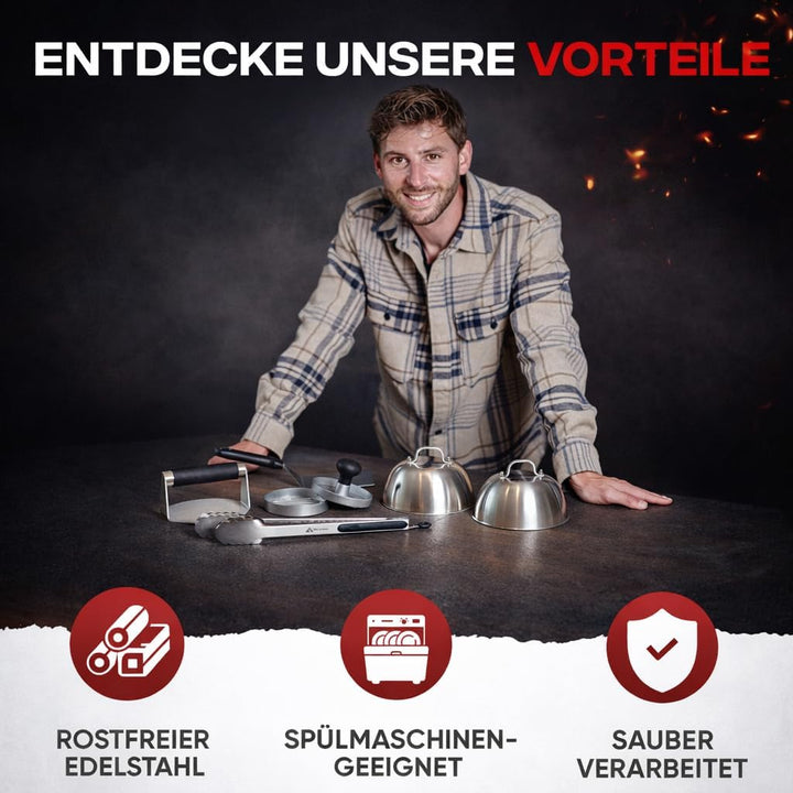Smash Burger Set 6 TLG. aus Edelstahl für Plancha, 2 Burgerglocken, Burgerpresse, Smasher, Pattywend