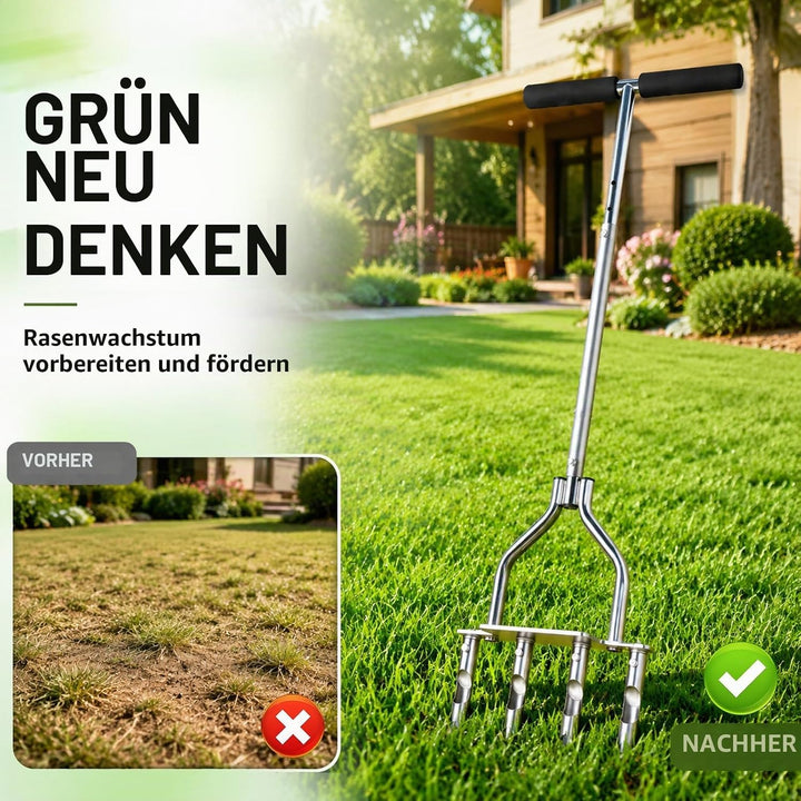 Rasenlüfter Pro – Aerifiziergabel &amp; Handvertikutierer mit 4 Hohlzinken