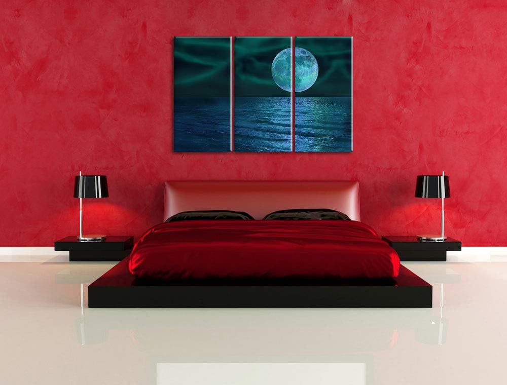 ruhiges Meer mit Vollmond schwarz/weiss 3-Teiler Leinwandbild 120x80 Bild auf Leinwand, XXL riesige