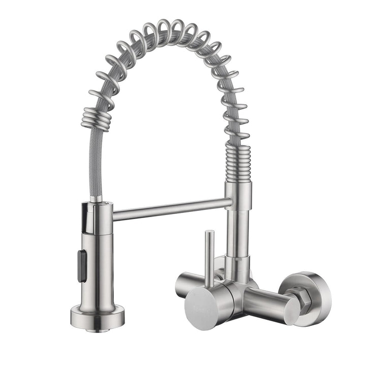 Küchenarmatur Wandmontage 11 cm, Hoch Gebogen Wandarmatur mit Herunterziehbare Brause, 2 Strahlarten