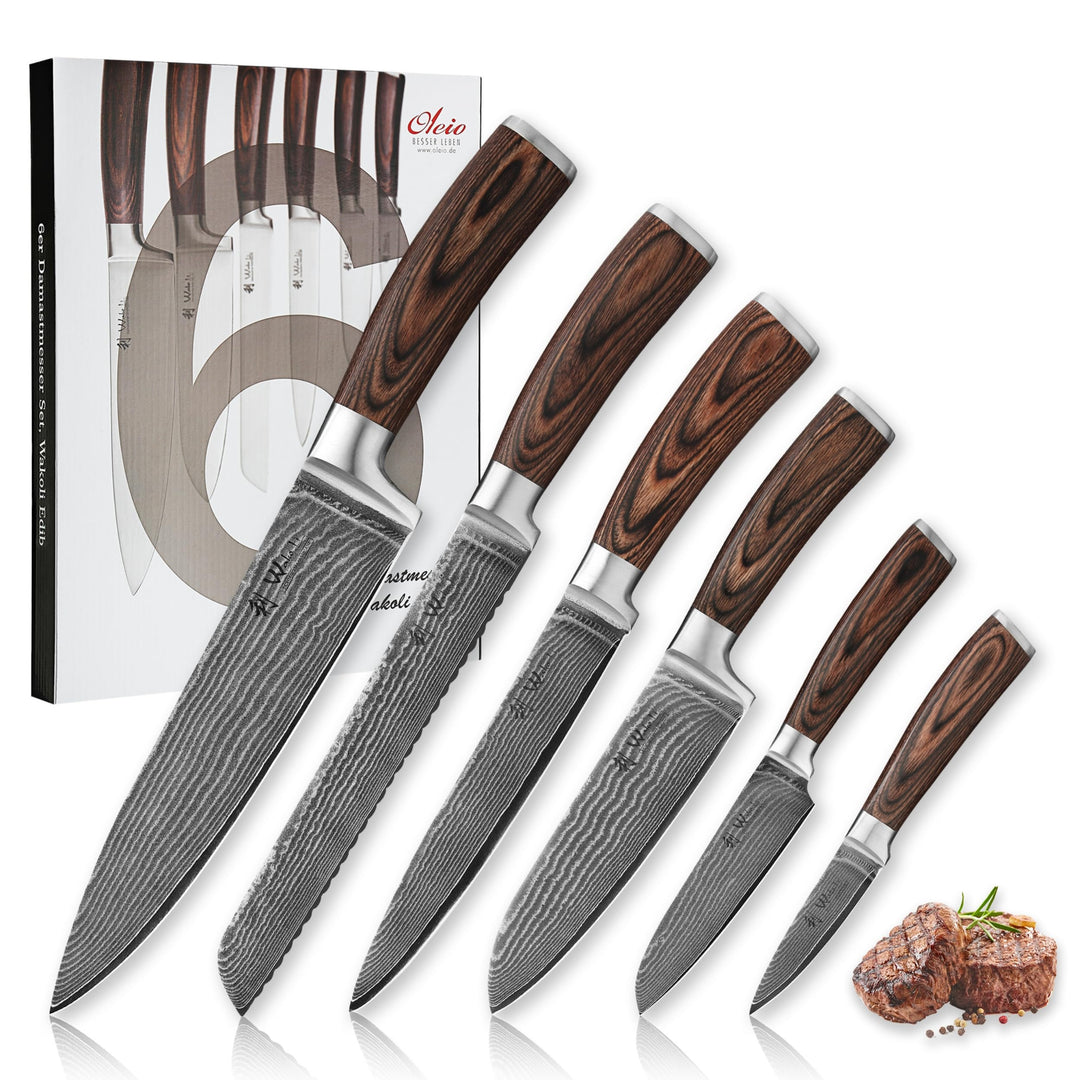 Wakoli Edib 6er Damastmesser Set mit Klingenlängen von 8,50cm bis 20,50cm extrem scharf aus 67 Lagen