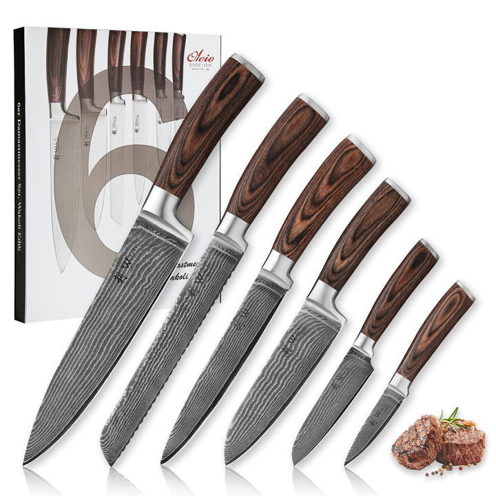 Wakoli Edib 6er Damastmesser Set mit Klingenlängen von 8,50cm bis 20,50cm extrem scharf aus 67 Lagen