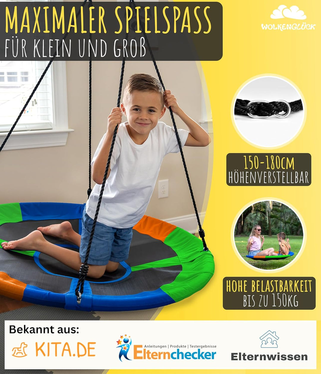 WOLKENGLÜCK® Nestschaukel [Ø 110 cm] - Höhenverstellbare Schaukel Outdoor & Indoor für Kinder und Er