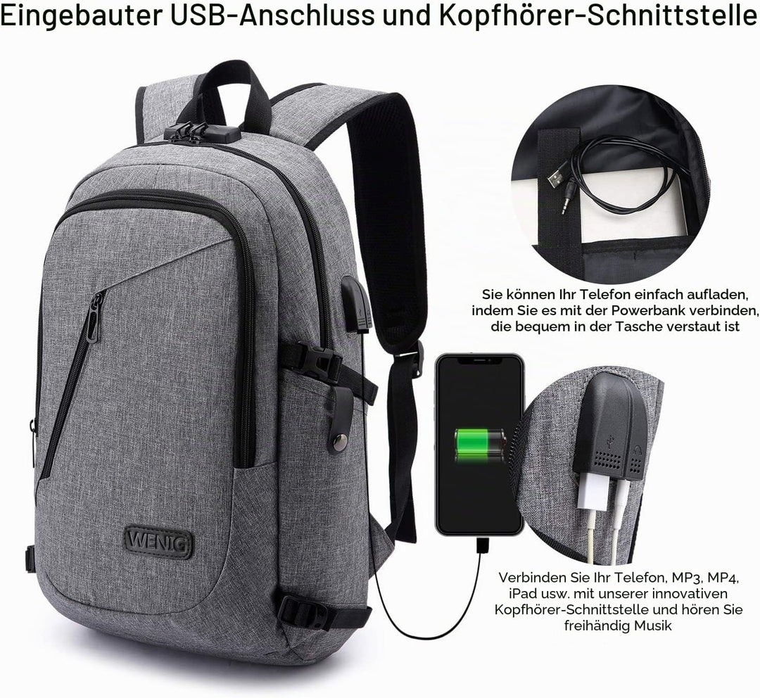 WENIG Laptop Rucksack Herren Anti-Diebstahl Laptoptasche 15.6 Zoll für Arbeit mit USB Ladeanschluss
