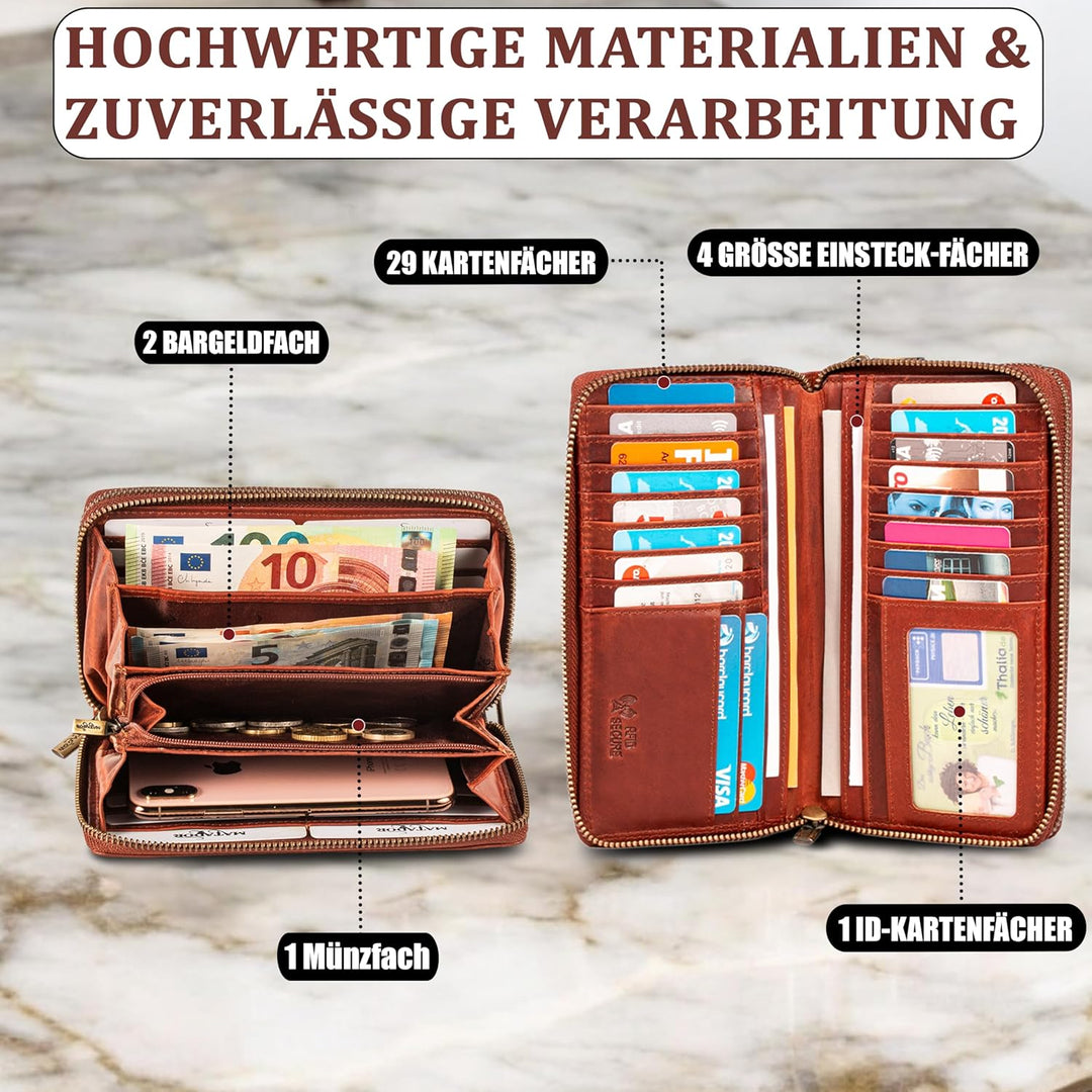 MATADOR Damen/Frauen Geldbörse mit TÜV Geprüfter RFID/NFC Schutz Hochwertige Portemonnaie Rinds Lede