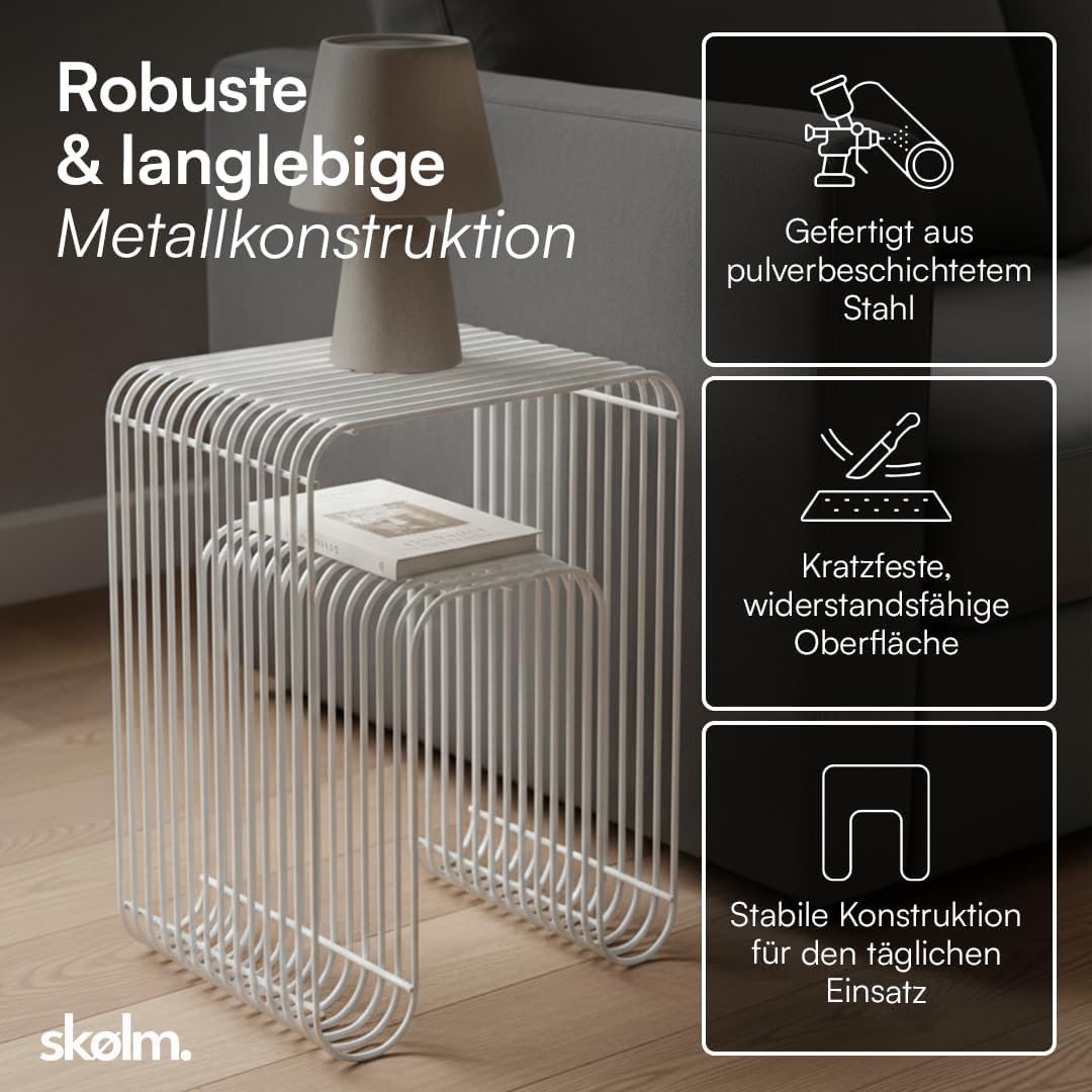skølm Vali Beistelltisch Weiss – Kleiner Couchtisch Metall – Sofatisch als Hocker & Regal nutzbar –