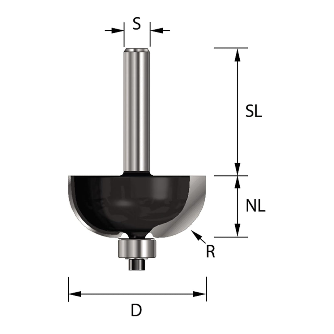 ENT 14670 Hohlkehlfräser HW, Schaft (S) 8 mm, Durchmesser (D) 22,2 mm, NL 12,7 mm, R 6,35 mm, SL 32