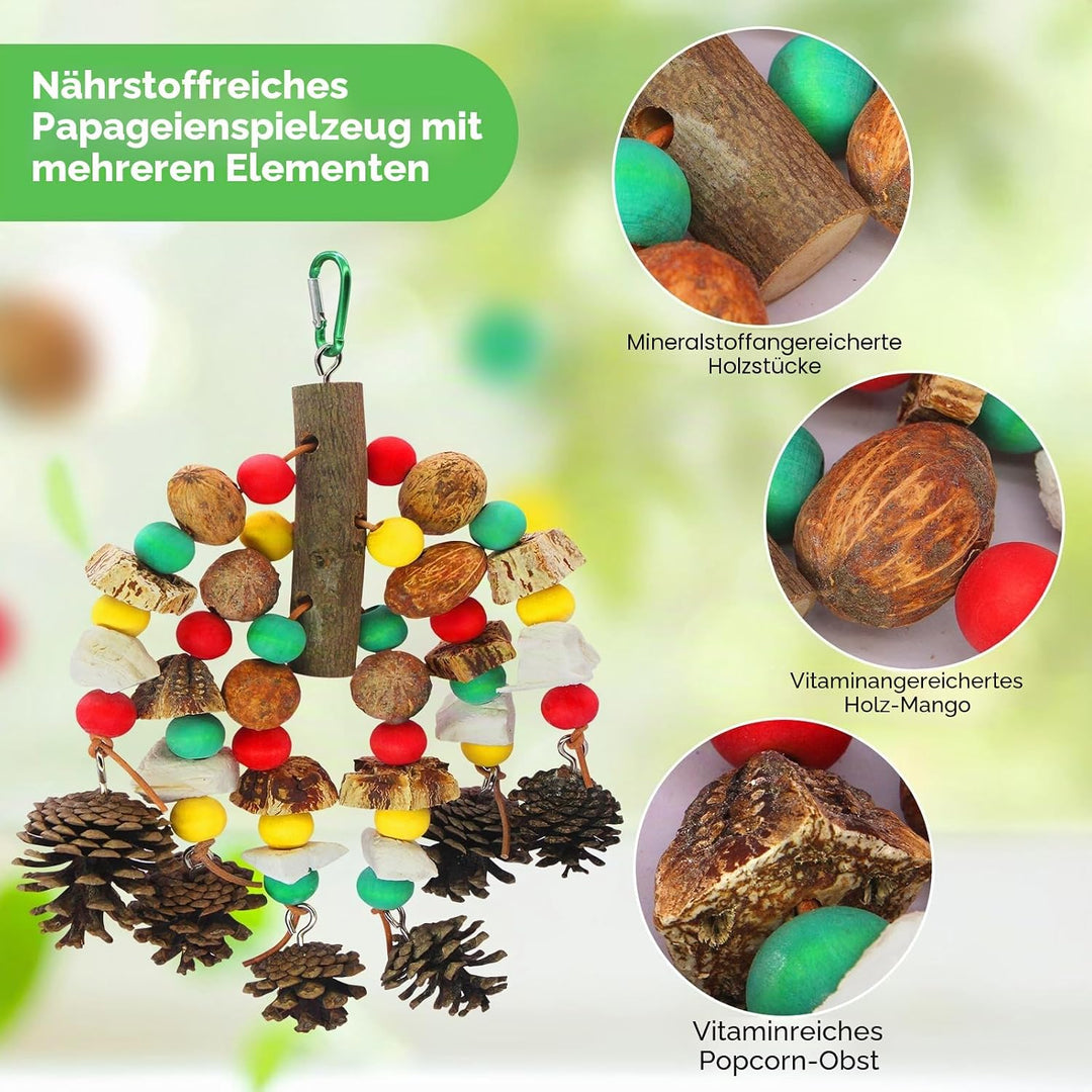 MQUPIN Papageienspielzeug, nussiges, nährstoffreiches Vogelspielzeug, natürliches hölzernes Beissspi