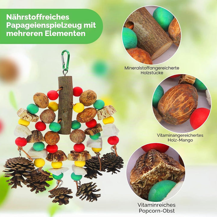 MQUPIN Papageienspielzeug, nussiges, nährstoffreiches Vogelspielzeug, natürliches hölzernes Beissspi
