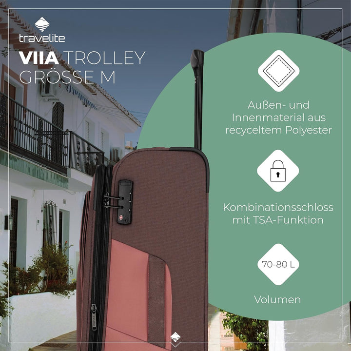 Travelite 4-Rad Koffer Grösse M Weichschale aus recyceltem Material, Gepäck Serie VIIA: Trolley mit