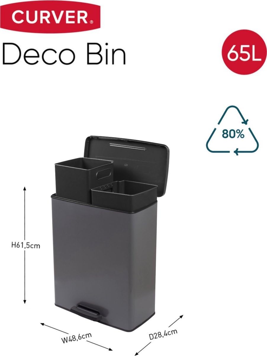 Curver Decobin Duo Tretmülleimer, 52L Gesamtvolumen, Grau – mit Mülltrennung und 2 herausnehmbaren 2