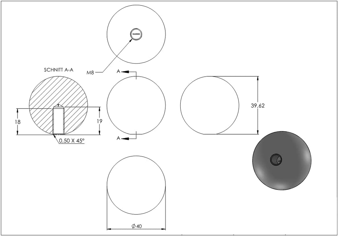 Messingkugel Ø 40mm mit M8