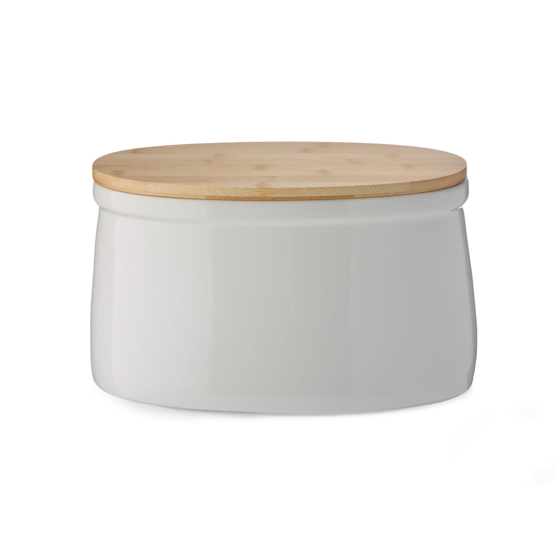 KHG Brotkasten Weiss Keramik Steingut Holzdeckel Bambus, Aufbewahrung Brot oval, Deckel als Schneide