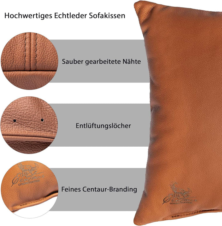 Centaur - Deko Lederkissen 40 x 40 cm für Sofa oder Schlafzimmer Cognac - Echt Leder Kissen Echtlede
